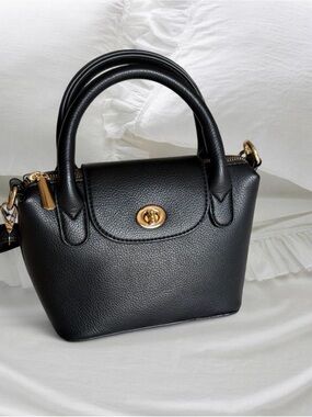 Classic Black Faix leather Satchel Handbag with Gold Hardware